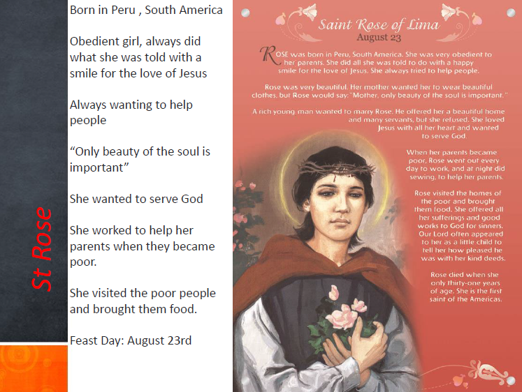 Illustrated religious card about Saint Rose of Lima featuring her portrait with a halo and text about her life.